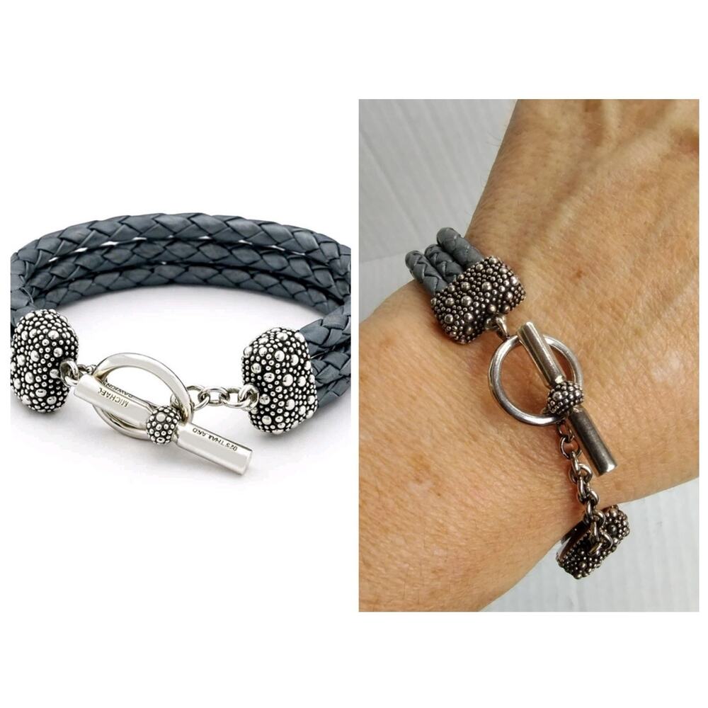 Michael Dawkins Starry Night Sterling Silver Gray Leather Toggle Bracelet NEW!